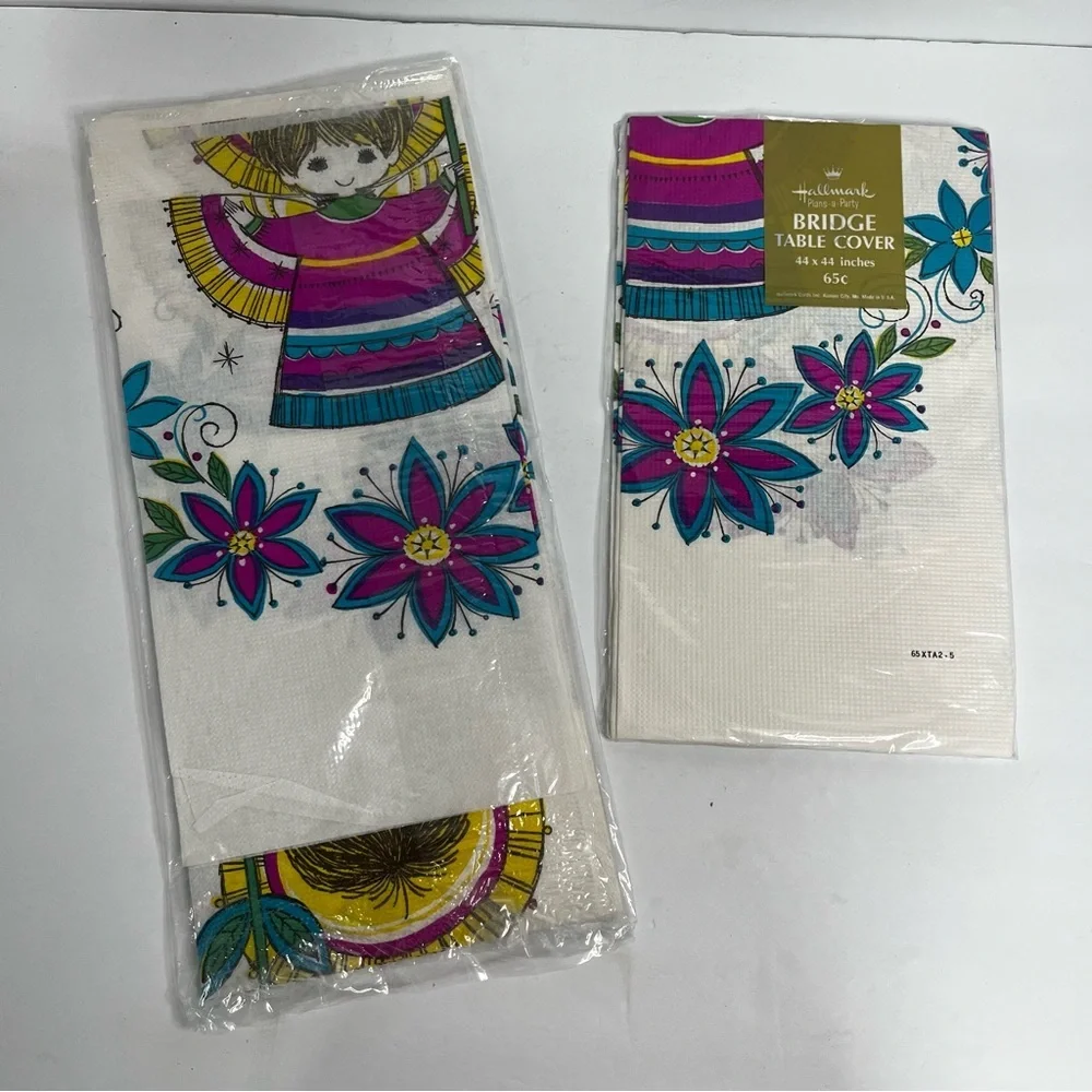 vintage hallmark paper tablecloths‎ peacock angel teal purple kitschy christmas